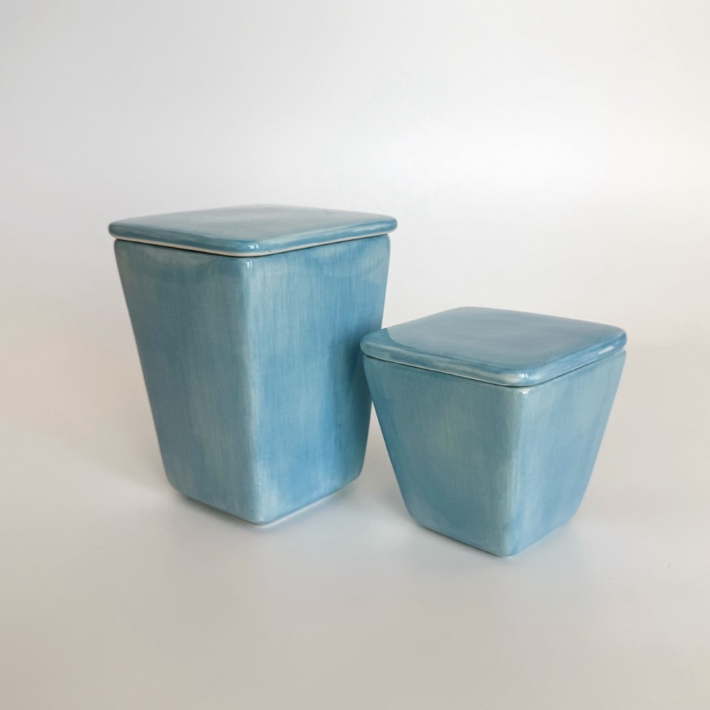 Pottery Barn Ceramic Canister Aqua Blue Vanity Jar Storage Container Set Of 2
